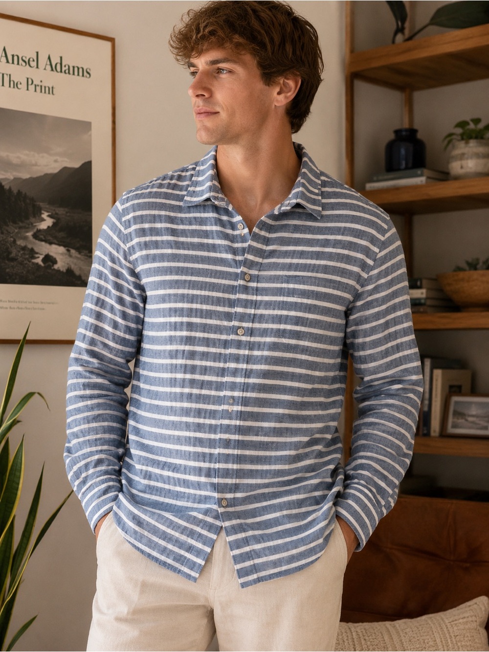 Marine Layer Blue and White Striped Casual Button-Down Shirt